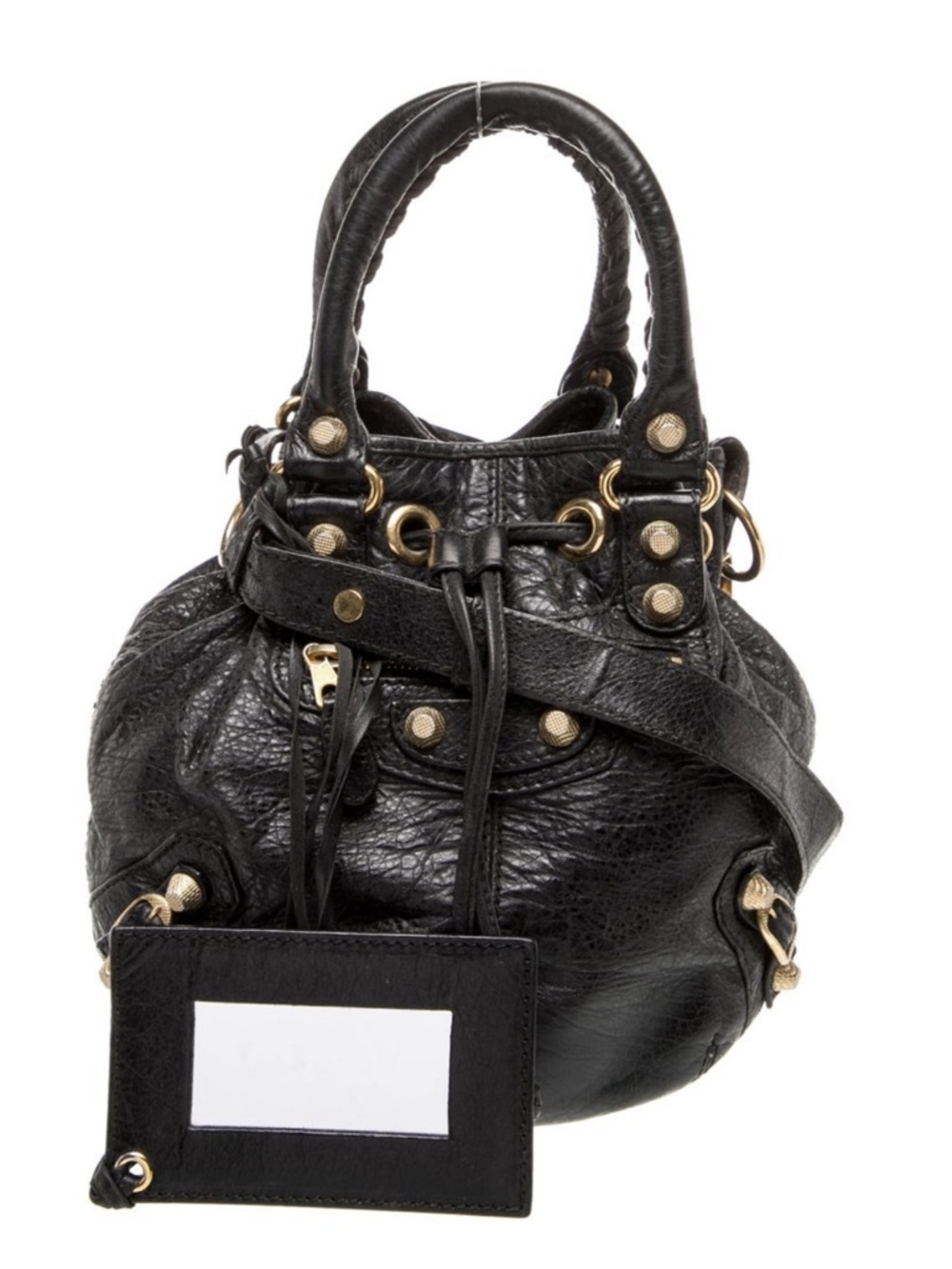 Balenciaga Black Mini Round Leather Satchel with Gold Hardware